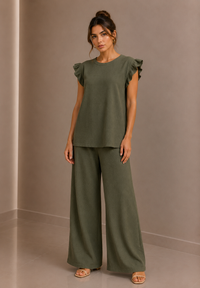 Khaki Green Textured Frill Sleeve Co-Ord Set Wide Leg Trousers Two Piece Outfit