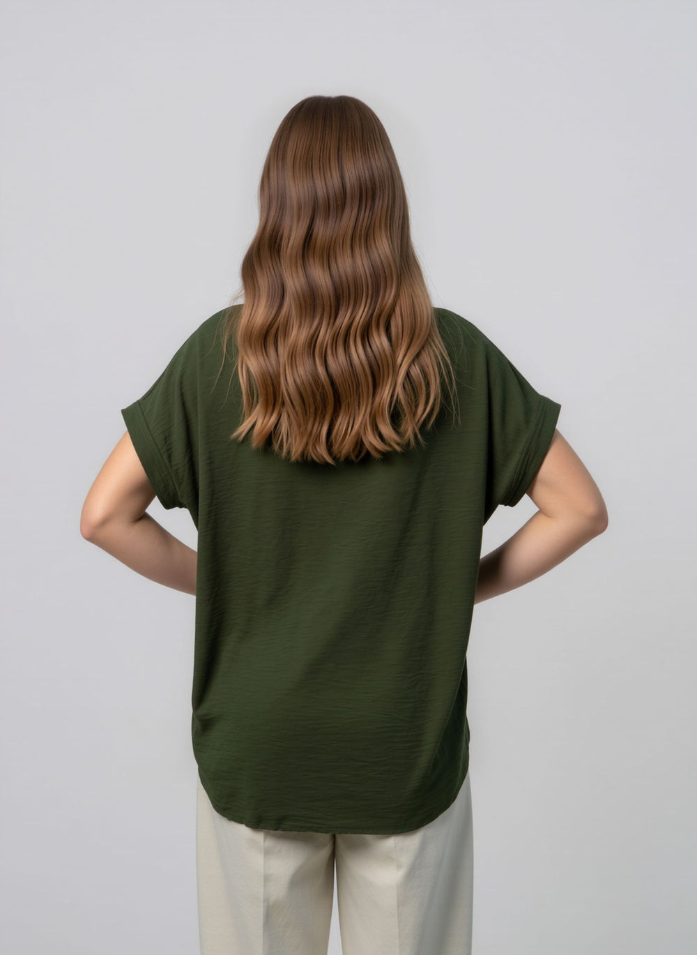 Khaki Green V-Neck Batwing Sleeve Textured Blouse Casual Loose Fit Top with Necklace