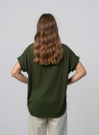 Khaki Green V-Neck Batwing Sleeve Textured Blouse Casual Loose Fit Top with Necklace