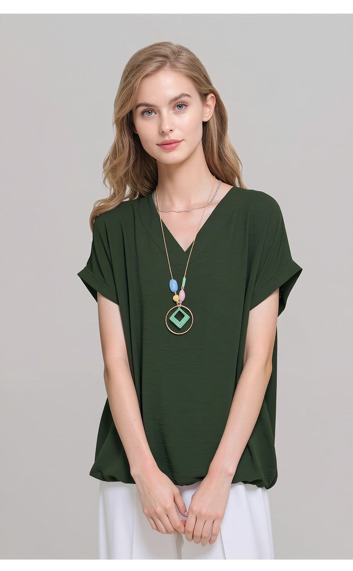 Khaki Green V-Neck Batwing Sleeve Textured Blouse Casual Loose Fit Top with Necklace
