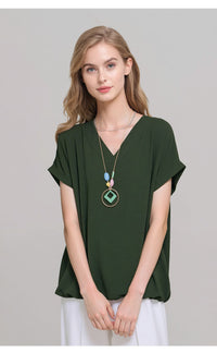 Khaki Green V-Neck Batwing Sleeve Textured Blouse Casual Loose Fit Top with Necklace