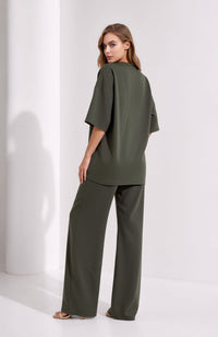 Khaki Oversized T-Shirt & Wide Leg Seam Detail Trouser Two Piece Co-ord Set