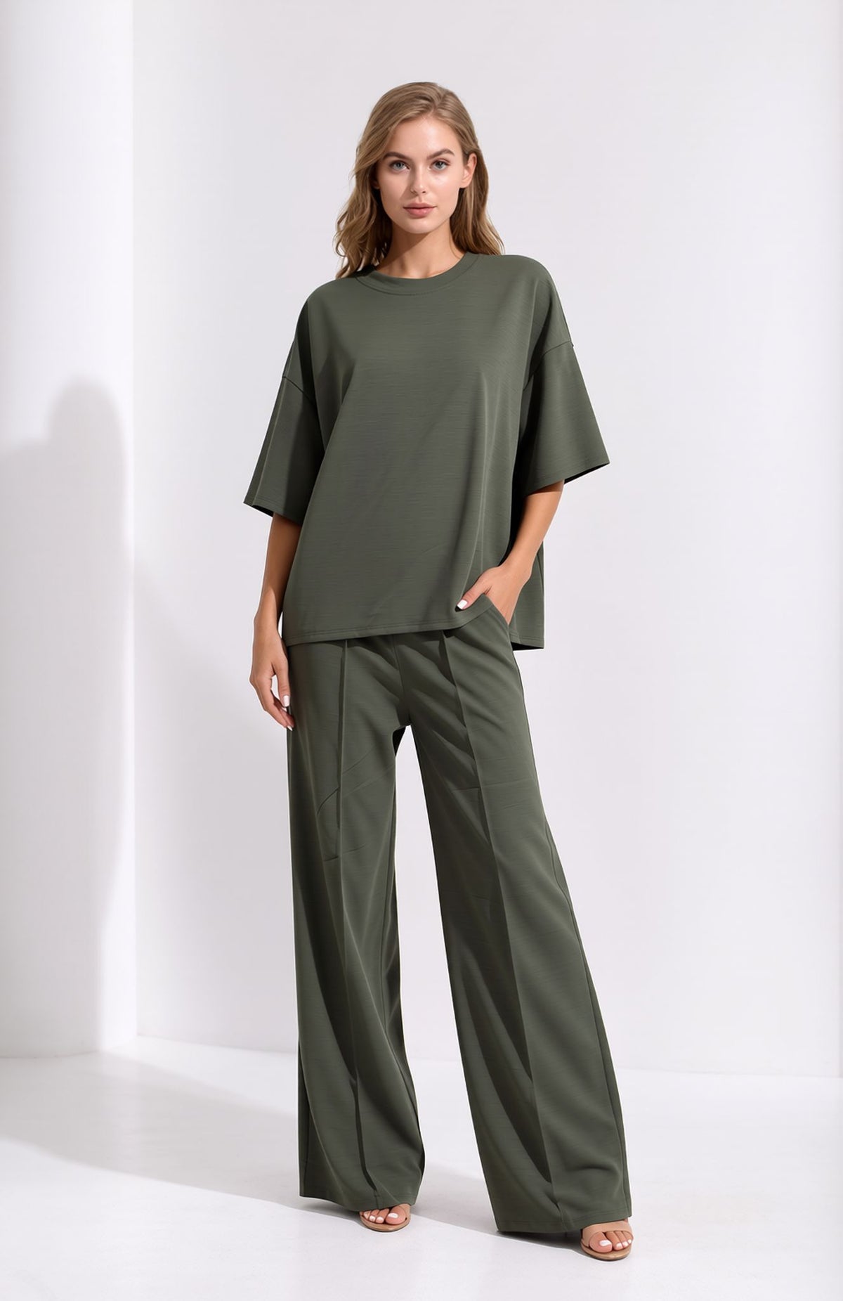 Khaki Oversized T-Shirt & Wide Leg Seam Detail Trouser Two Piece Co-ord Set