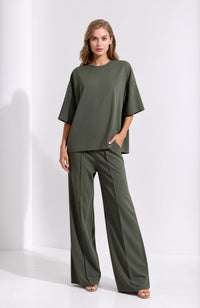 Khaki Oversized T-Shirt & Wide Leg Seam Detail Trouser Two Piece Co-ord Set