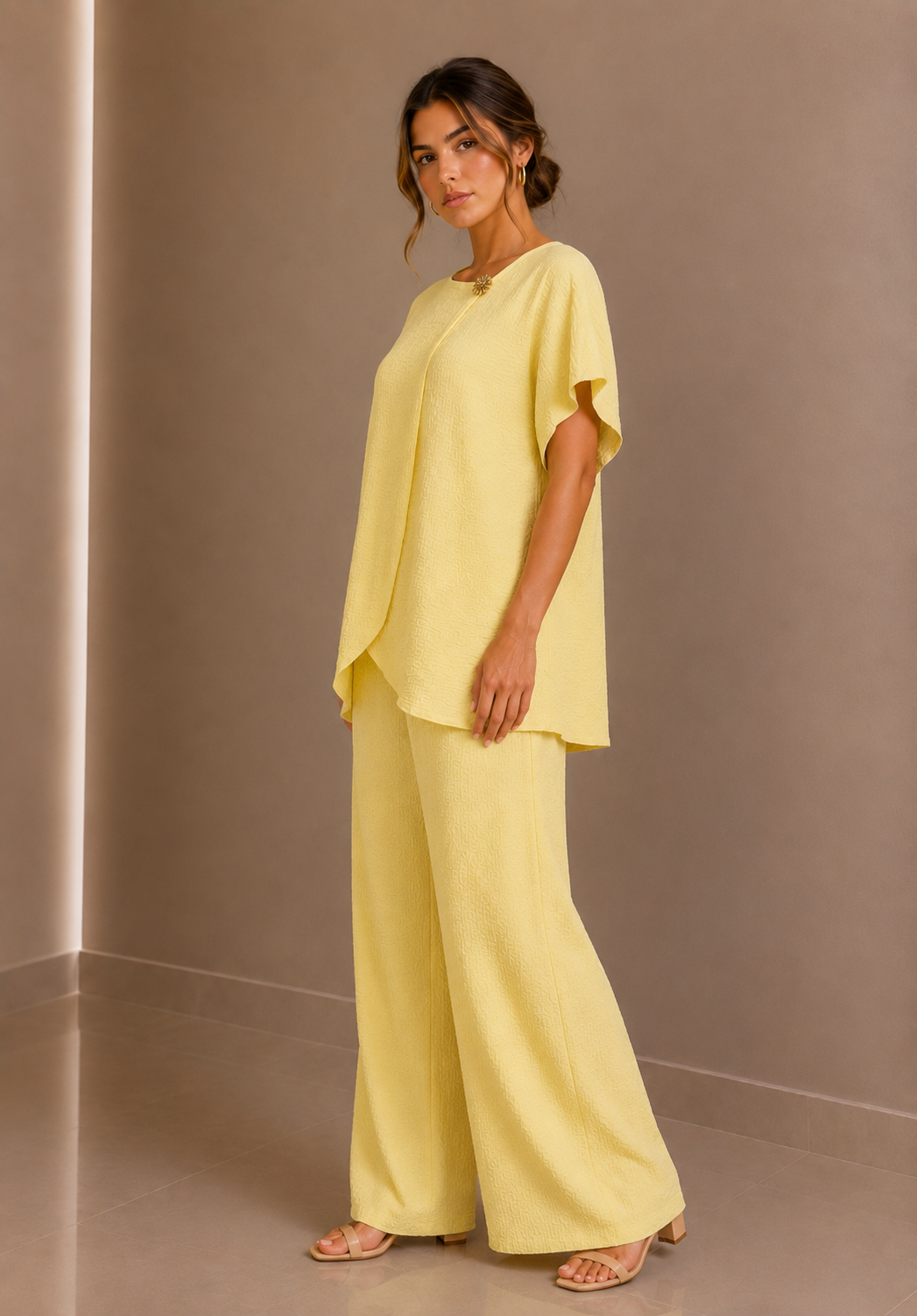 Lemon Draped Tunic & Wide Leg Trouser Two Piece Set