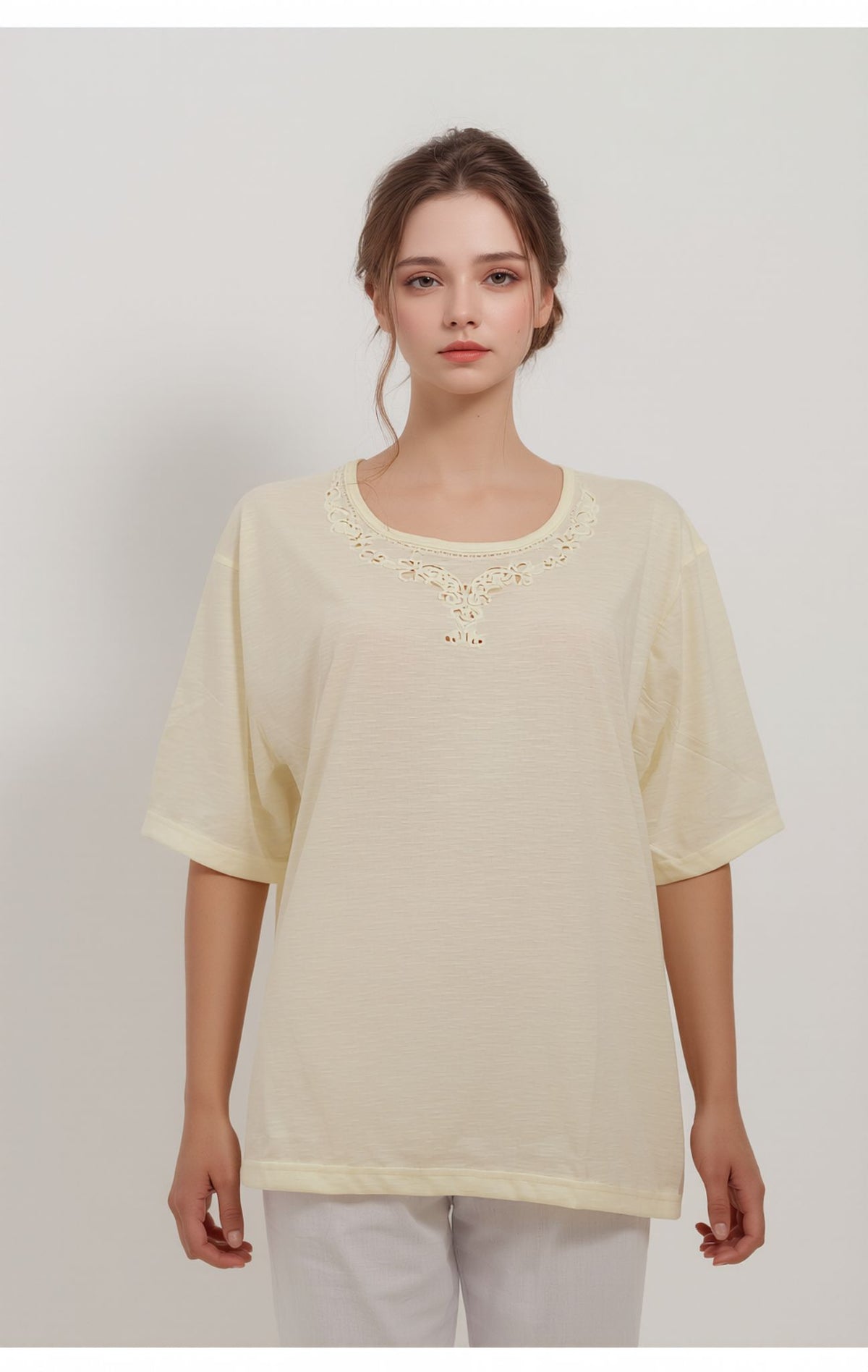 Lemon Embroidered Neck Detail Casual Short Sleeve Top