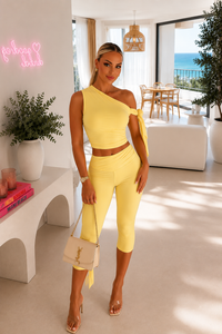 Yellow Off Shoulder Capri 3/4 Trouser Co Ord Set Summer Holiday Outfit