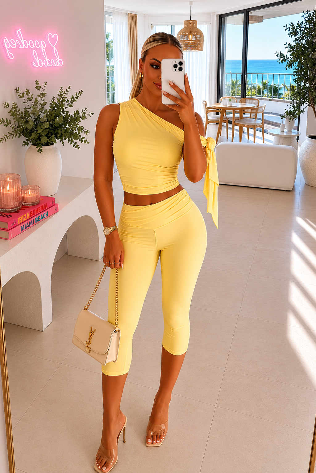 Yellow Off Shoulder Capri 3/4 Trouser Co Ord Set Summer Holiday Outfit