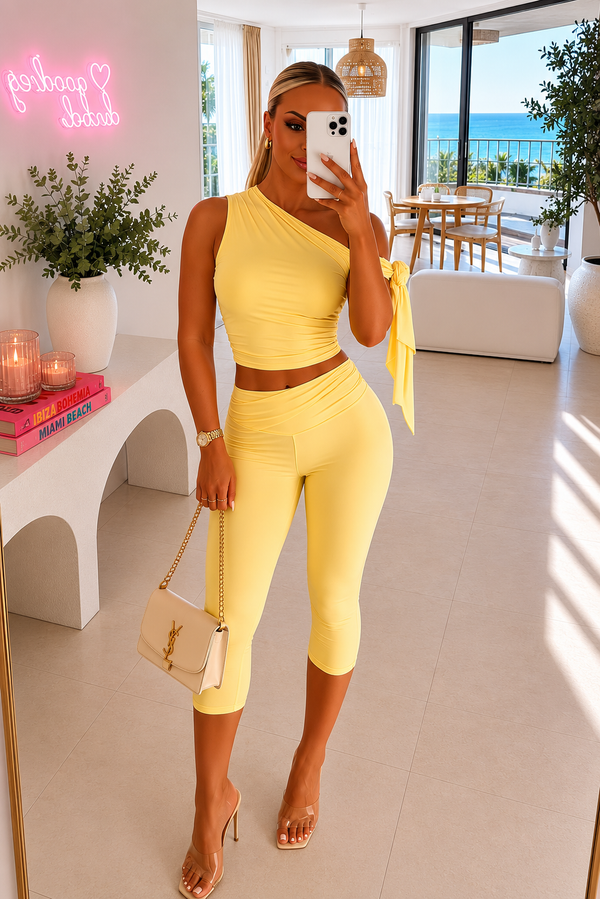 Yellow Off Shoulder Capri 3/4 Trouser Co Ord Set Summer Holiday Outfit