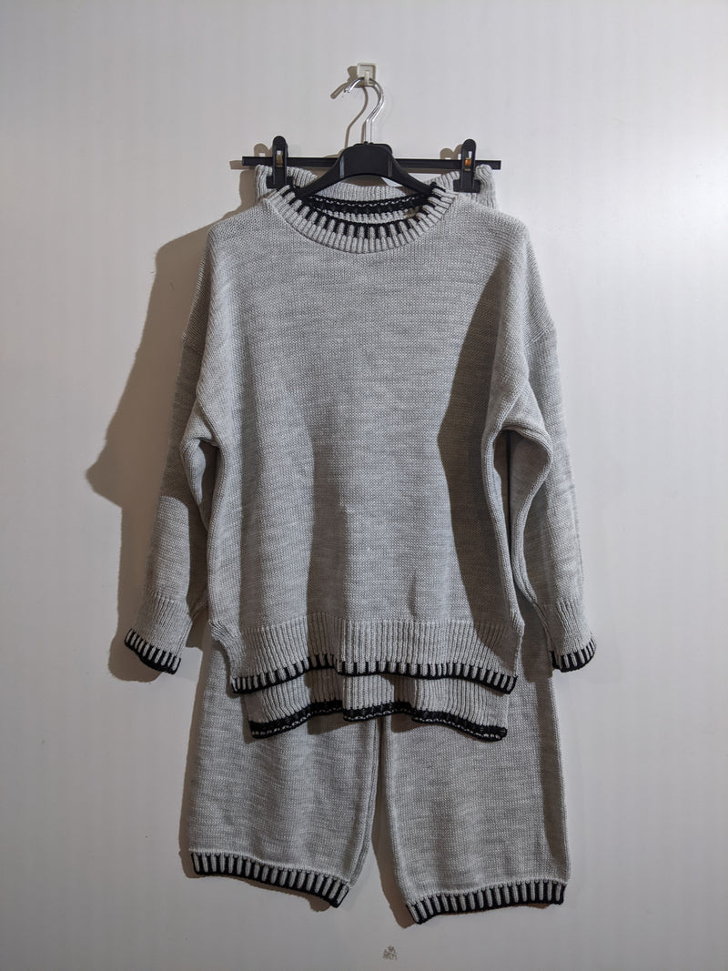 Light Grey Jumper & Trousers Knitted Loungewear Trim Two Piece Co-ord Set