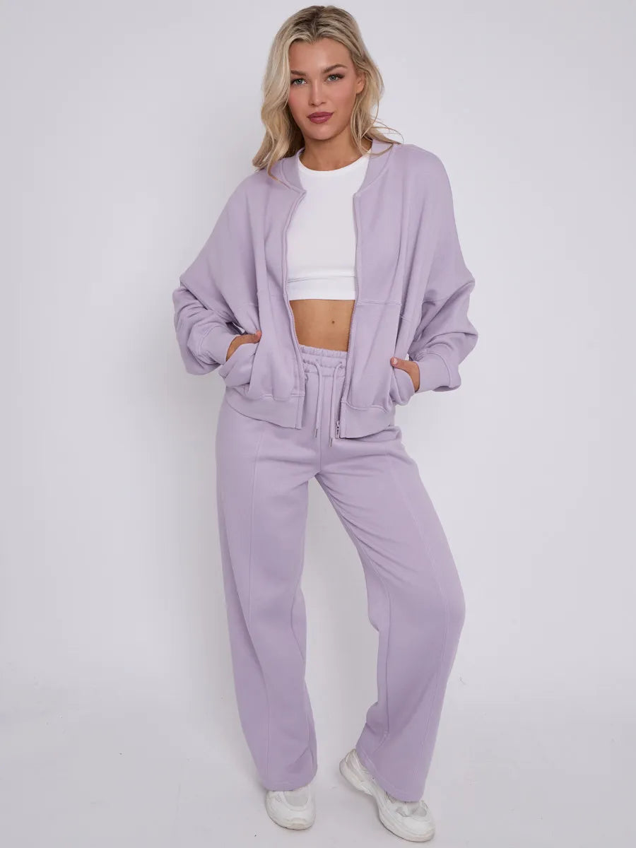 Lilac Bomber Style Jacket Wide Leg Bottoms Co-ord Loungewear Set