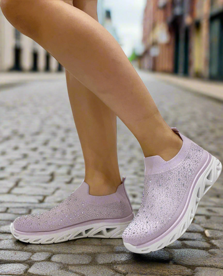 Lilac Diamante Comfortable Slip On Trainers
