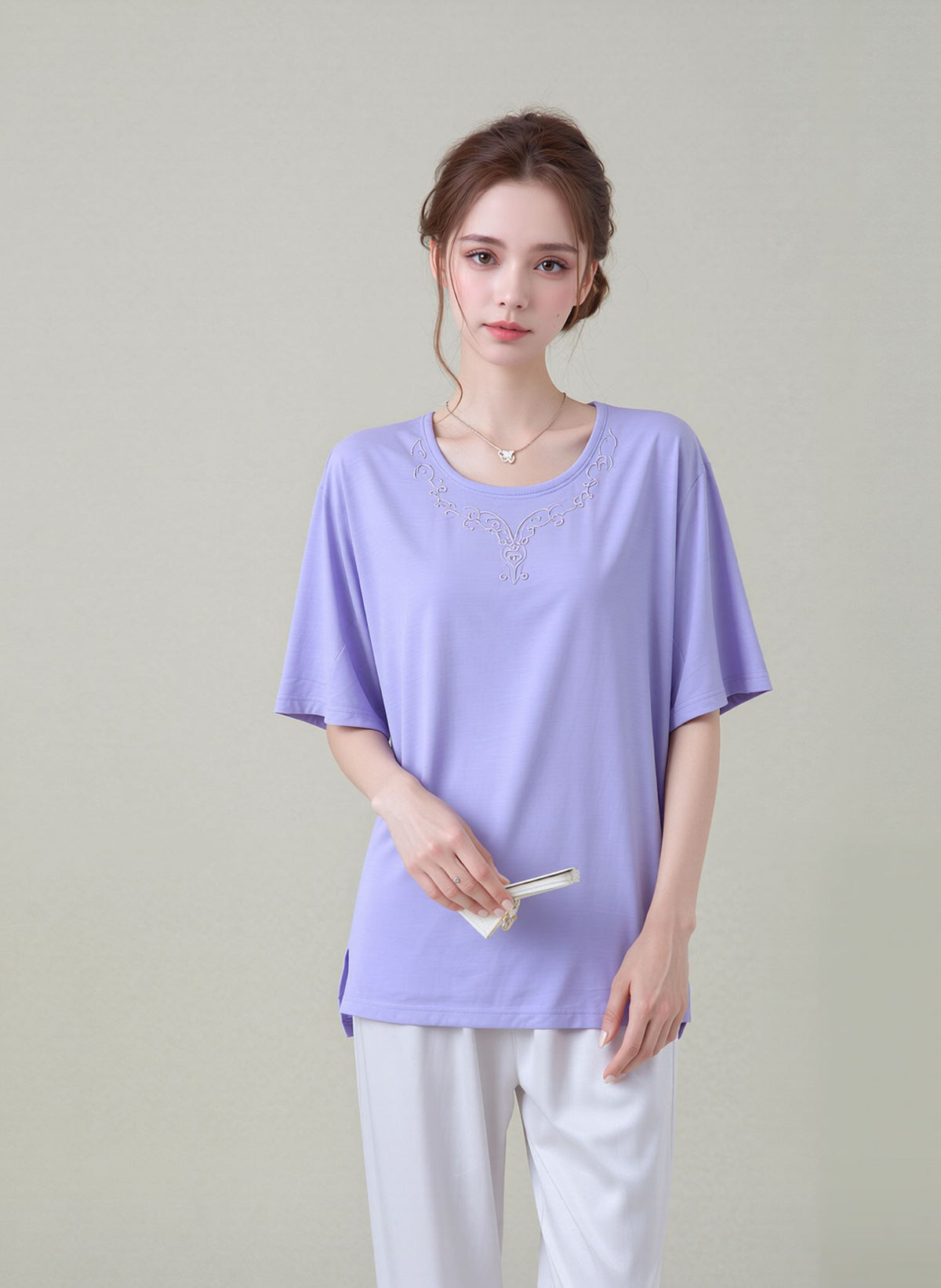 Lilac Embroidered Neck Detail Casual Short Sleeve Top
