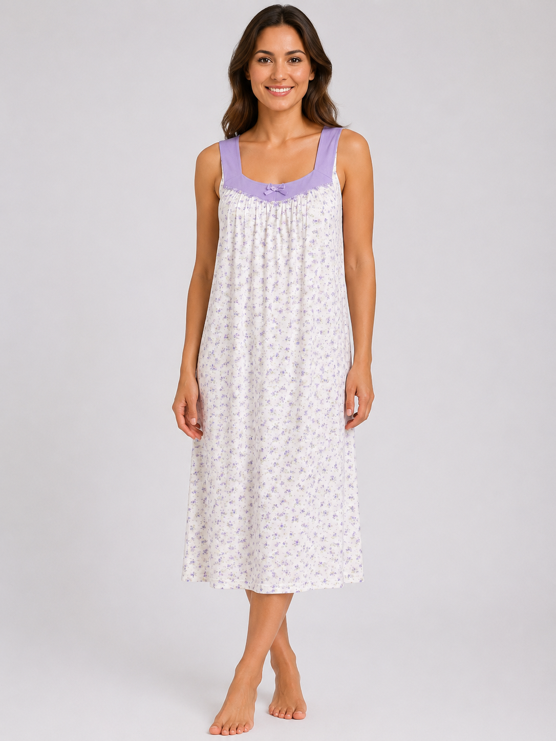 Lilac Floral Sleeveless Soft Cotton Rich Midi Nightdress