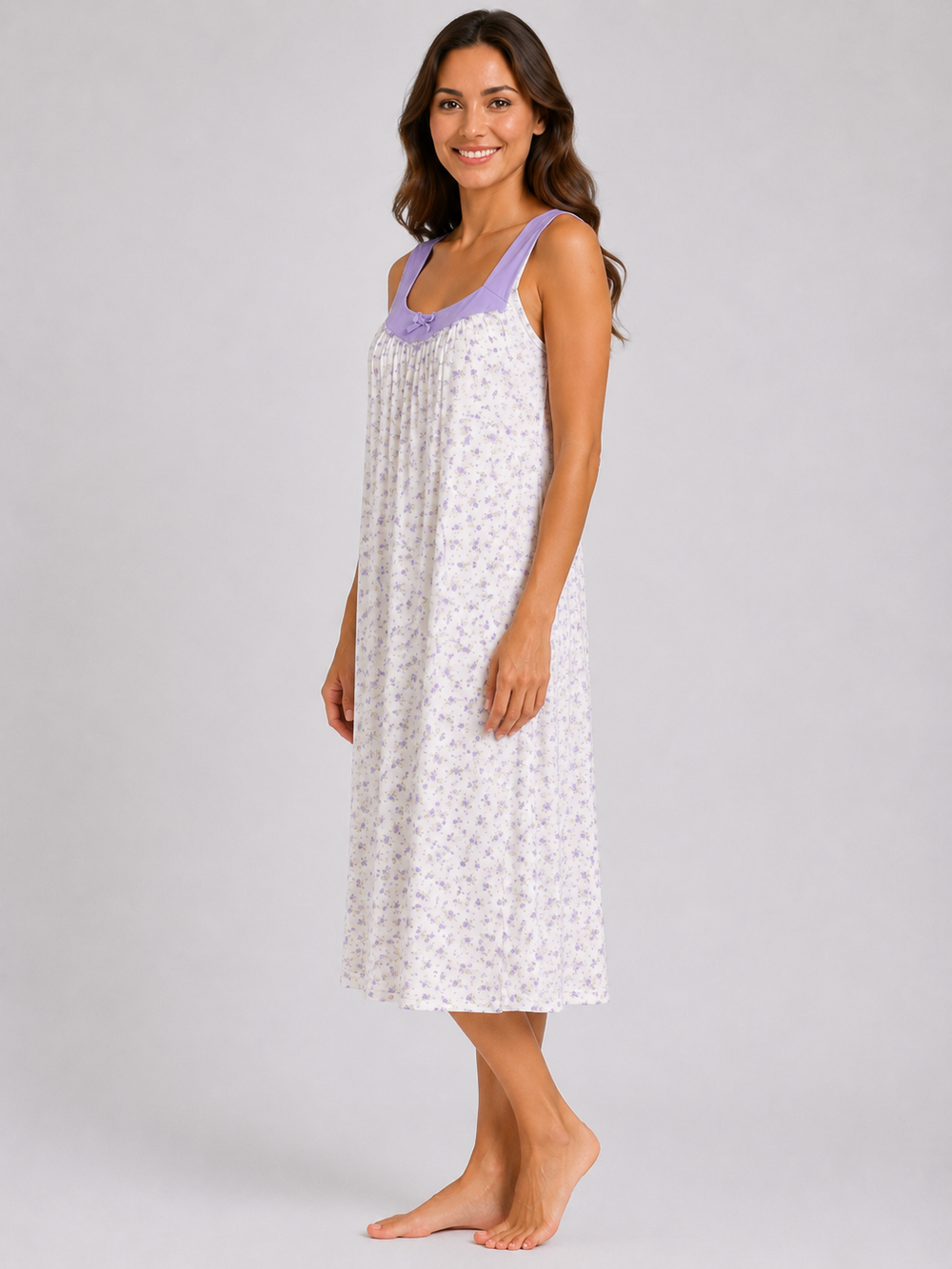 Lilac Floral Sleeveless Soft Cotton Rich Midi Nightdress