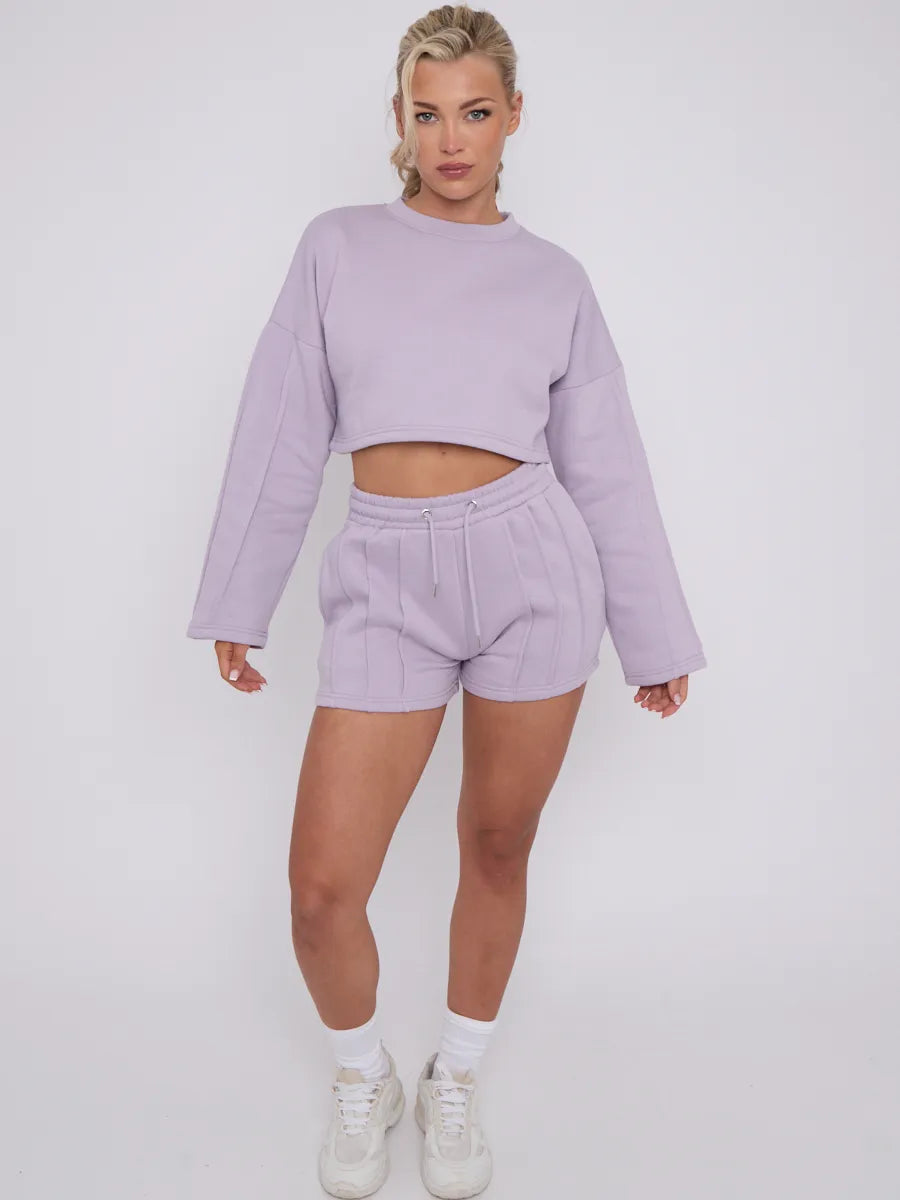 Lilac Seam Detail Oversized Crop Jumper Shorts Loungewear Co ord FavouriteFashions.ie