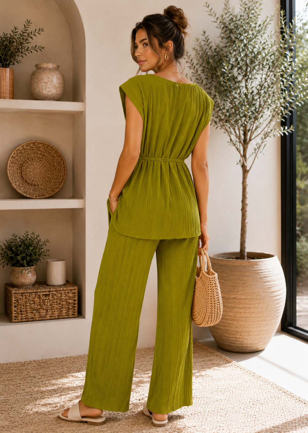 Lime Green Pleated Wide Leg Co-Ord Set Lightweight Summer Two Piece Outfit