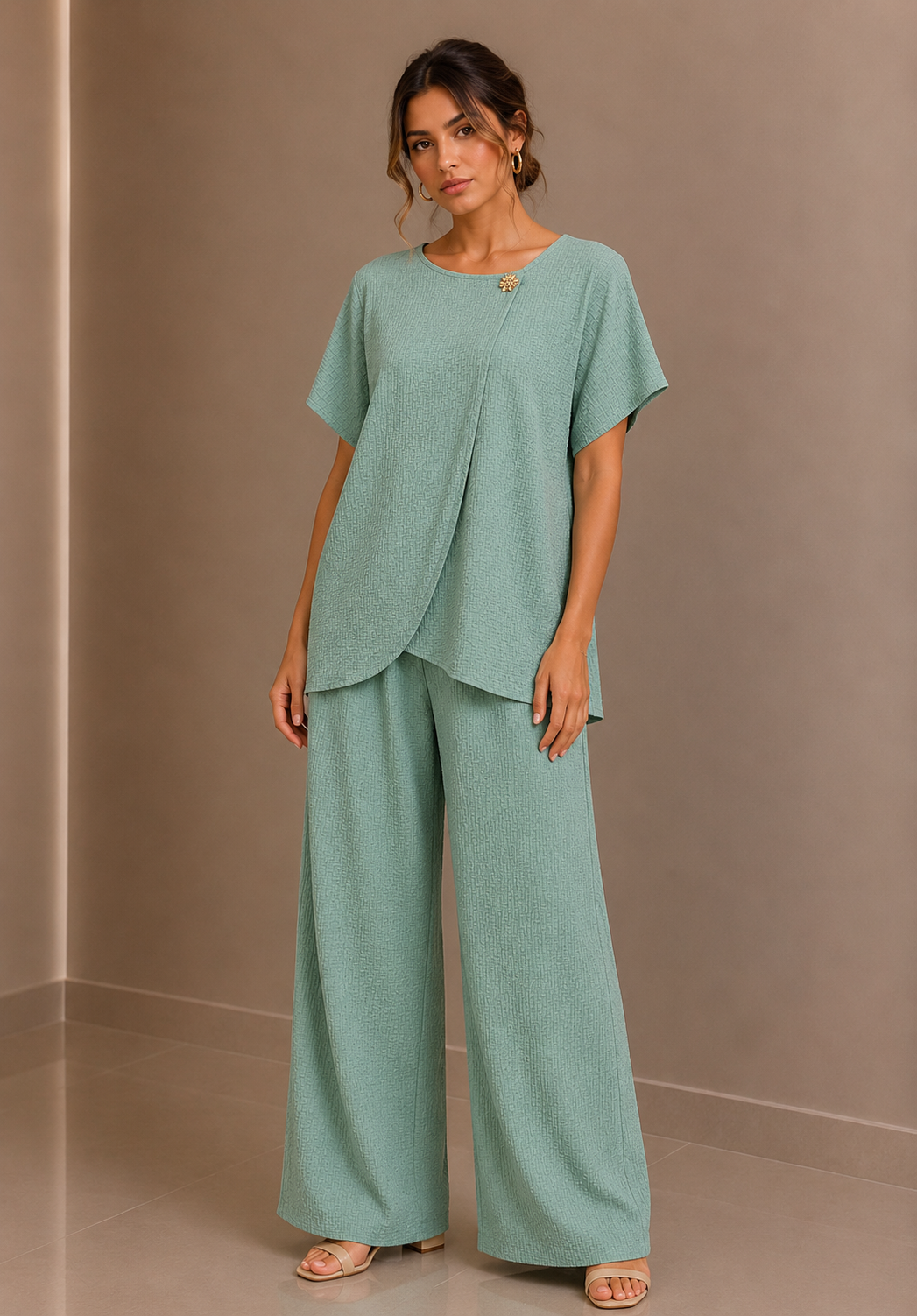 Mint Draped Tunic & Wide Leg Trouser Two Piece Set
