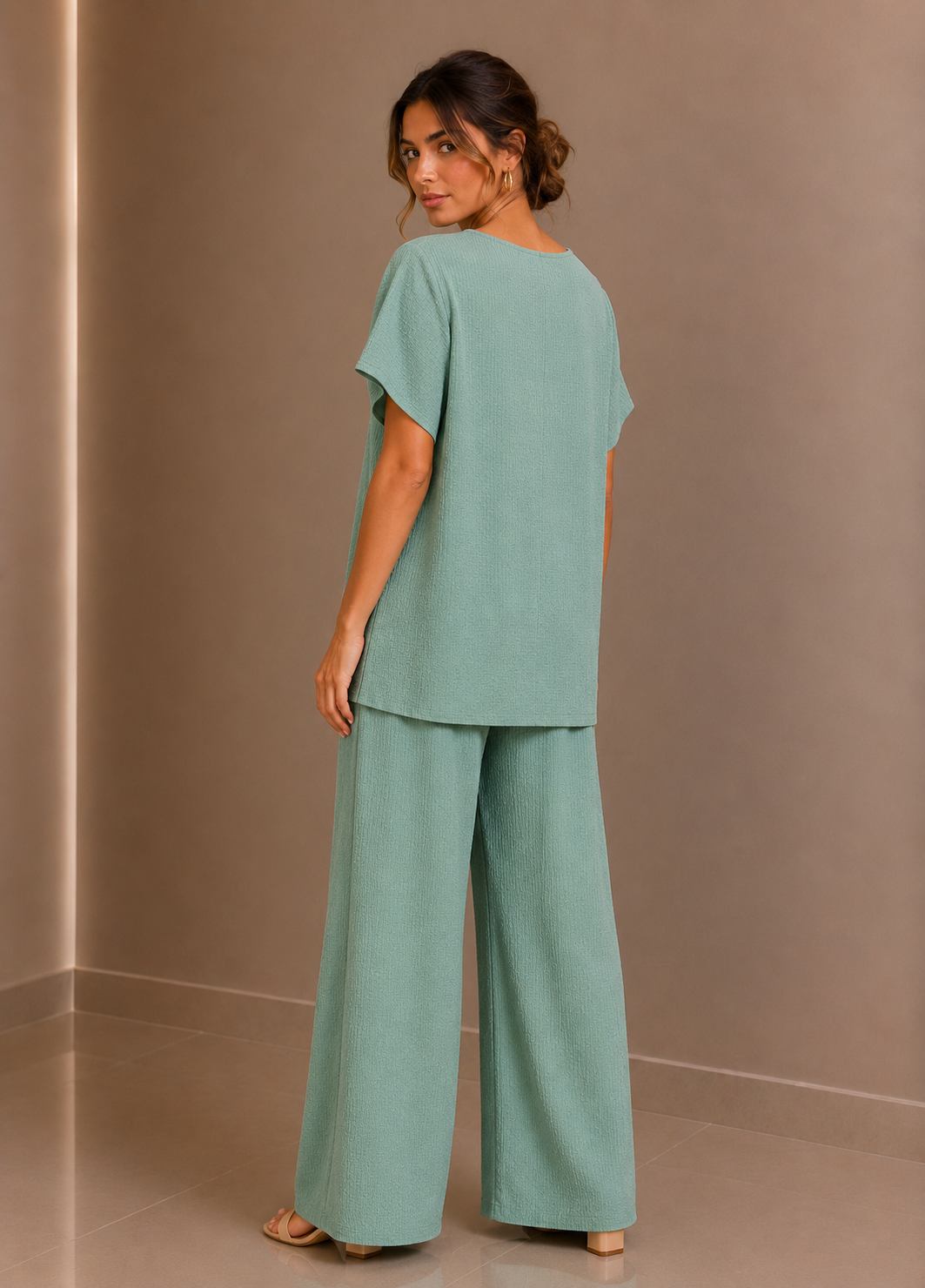 Mint Draped Tunic & Wide Leg Trouser Two Piece Set