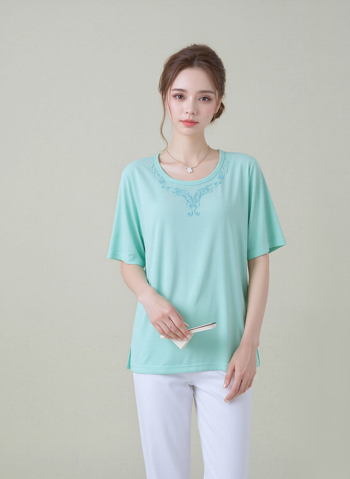 Mint Embroidered Neck Detail Casual Short Sleeve Top
