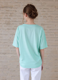 Mint Embroidered Neck Detail Casual Short Sleeve Top