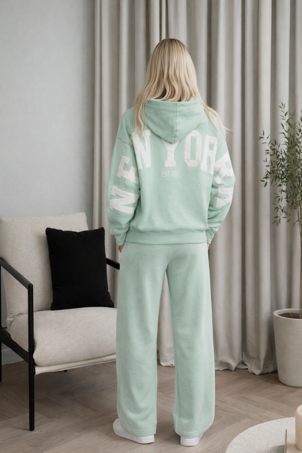 Mint Hoodie & Sweatpants Set – Oversized Fleece “New York” Lounge Tracksuit with Wide Leg Pants