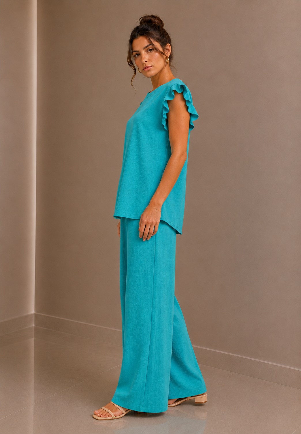 Mint Textured Frill Sleeve Co-Ord Set Wide Leg Trousers Two Piece Outfit