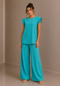 Mint Textured Frill Sleeve Co-Ord Set Wide Leg Trousers Two Piece Outfit