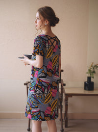 Multi Floral A-Line Mini Dress with Short Sleeves Casual Loose Fit Summer Day Dress