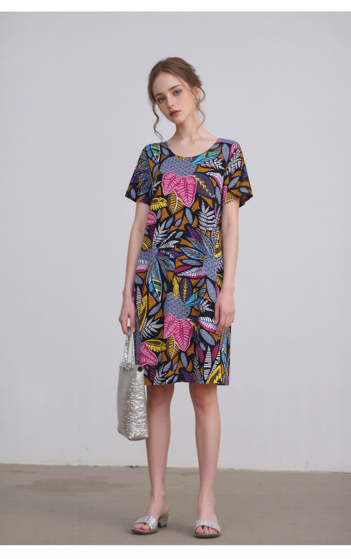 Multi Floral A-Line Mini Dress with Short Sleeves Casual Loose Fit Summer Day Dress