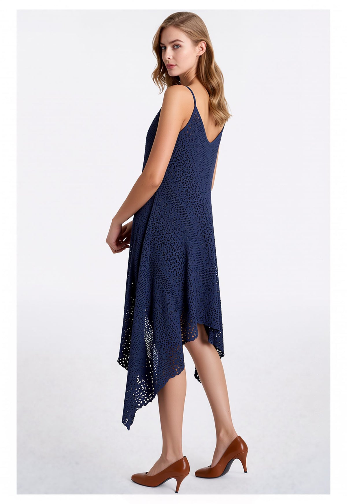 Navy Blue Laser Cut Asymmetrical Midi Dress with Spaghetti Straps