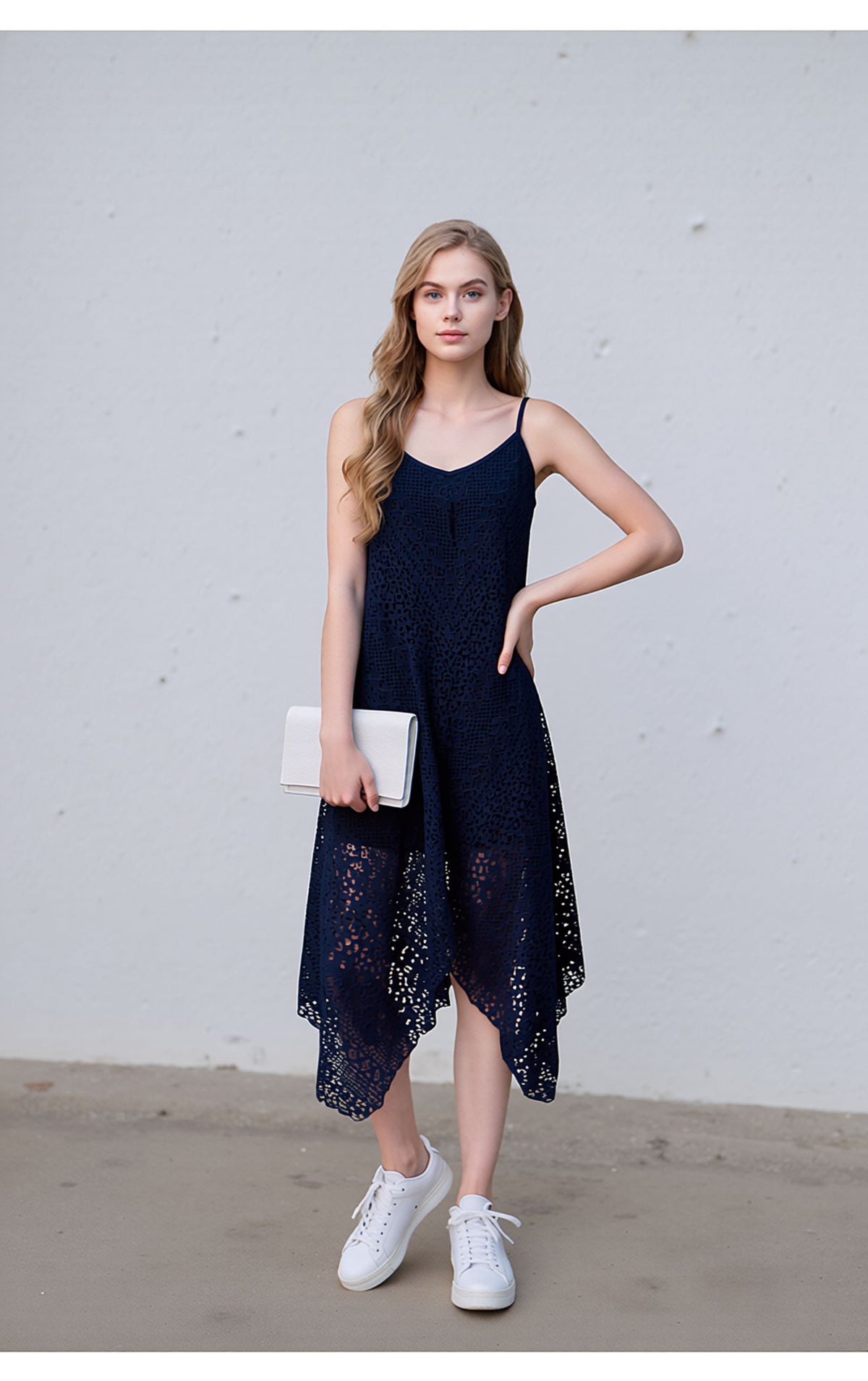 Navy Blue Laser Cut Asymmetrical Midi Dress with Spaghetti Straps