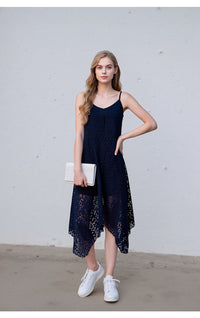 Navy Blue Laser Cut Asymmetrical Midi Dress with Spaghetti Straps