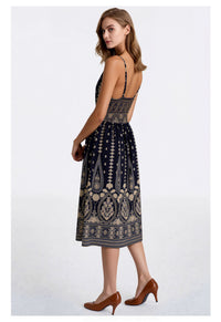 Navy Blue & Gold Bohemian Print Sleeveless Midi Dress with Smocked Waist