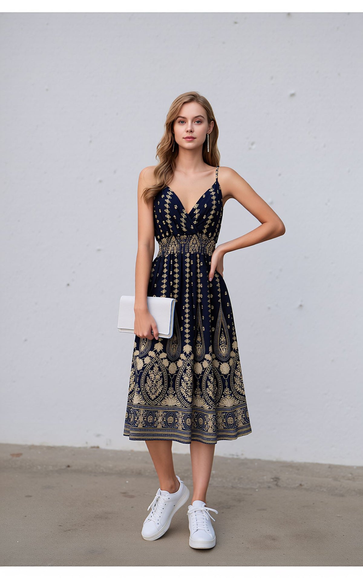 Navy Blue & Gold Bohemian Print Sleeveless Midi Dress with Smocked Waist