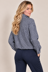 Navy Check High Neck Button Drawstring Lightweight Casual Jacket