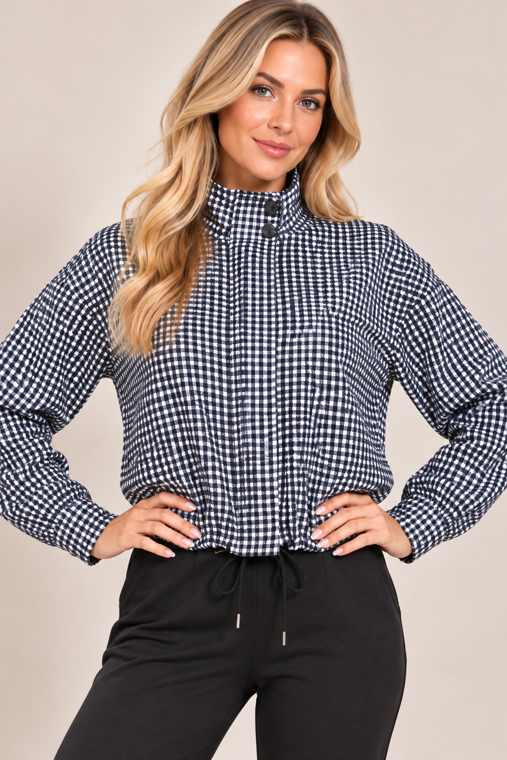 Navy Check High Neck Button Drawstring Lightweight Casual Jacket