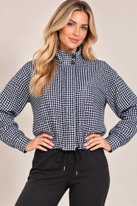 Navy Check High Neck Button Drawstring Lightweight Casual Jacket