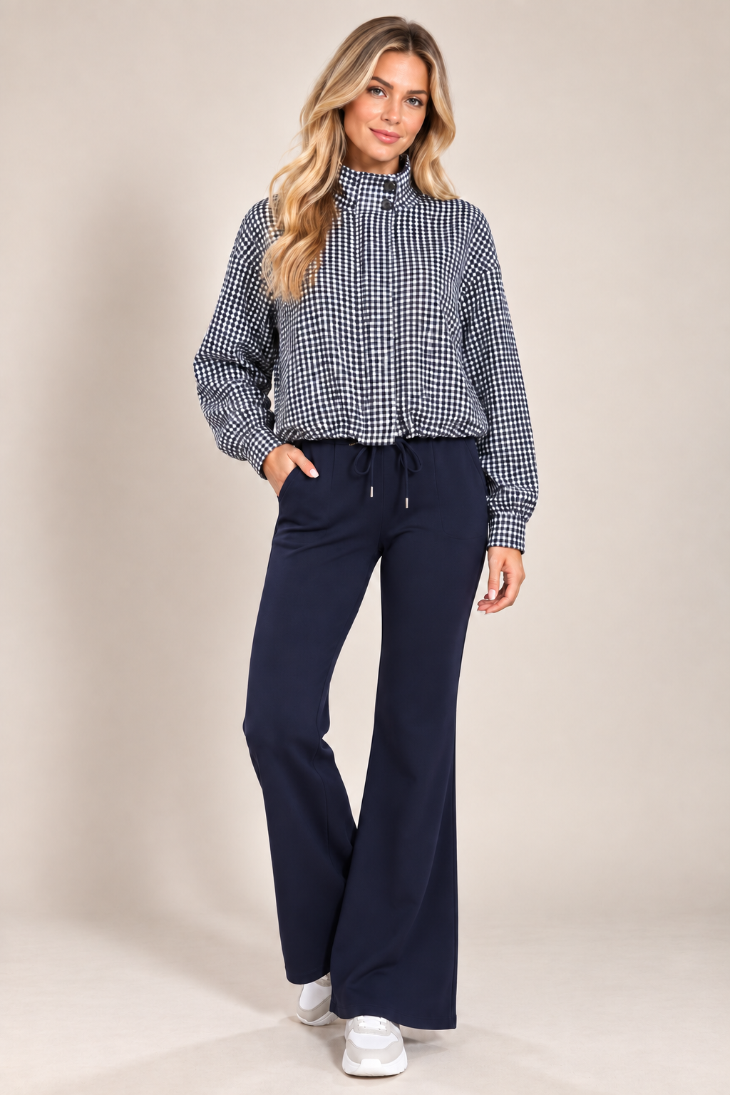 Navy Check High Neck Button Drawstring Lightweight Casual Jacket