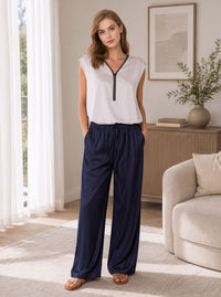 Navy Crinkle Pleated Wide Leg Trousers