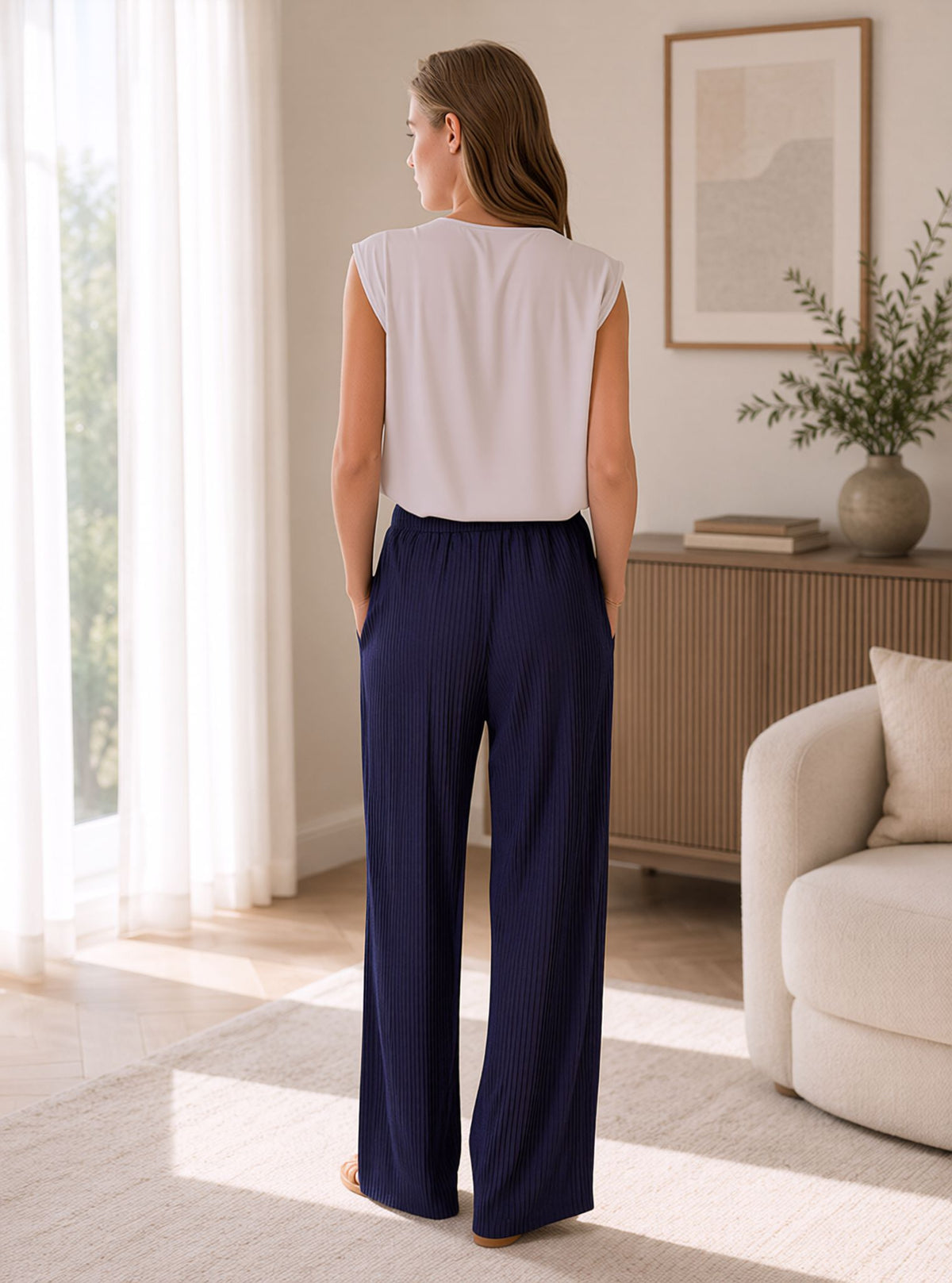 Navy Crinkle Pleated Wide Leg Trousers