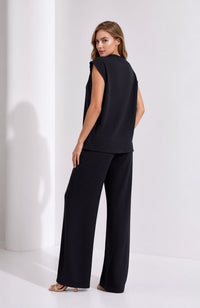 Navy Crinkle Two Piece Set Gold Button Waistcoat & Wide Leg Trousers
