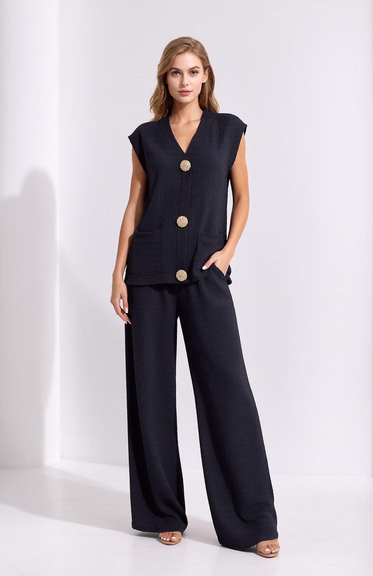 Navy Crinkle Two Piece Set Gold Button Waistcoat & Wide Leg Trousers