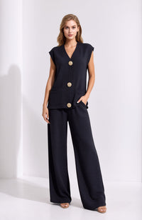 Navy Crinkle Two Piece Set Gold Button Waistcoat & Wide Leg Trousers