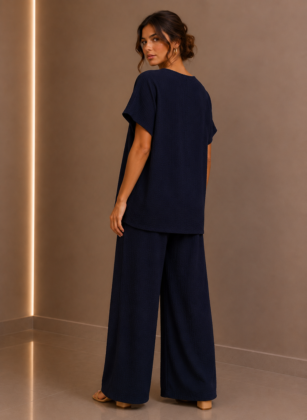 Navy Draped Tunic & Wide Leg Trouser Two Piece Set