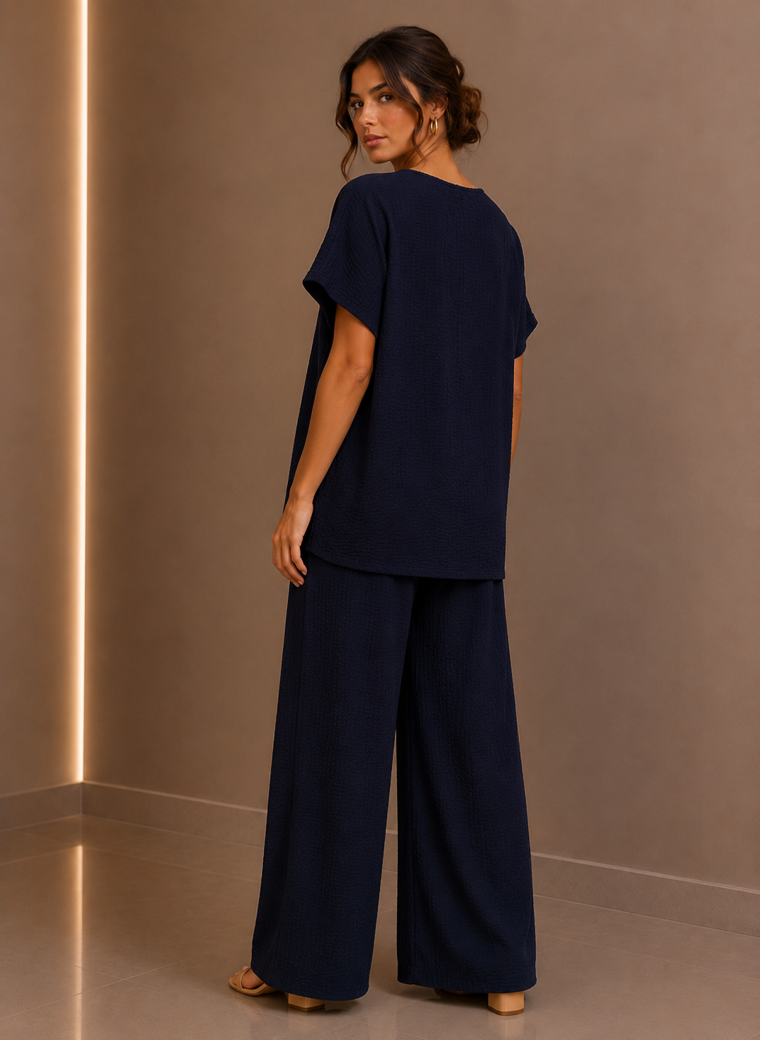 Navy Draped Tunic & Wide Leg Trouser Two Piece Set