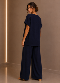 Navy Draped Tunic & Wide Leg Trouser Two Piece Set