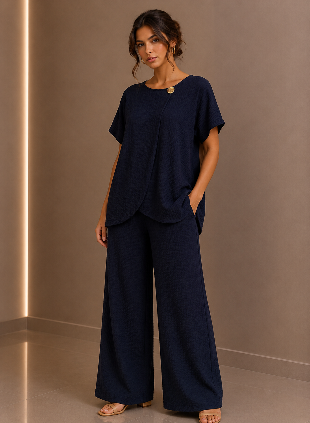 Navy Draped Tunic & Wide Leg Trouser Two Piece Set
