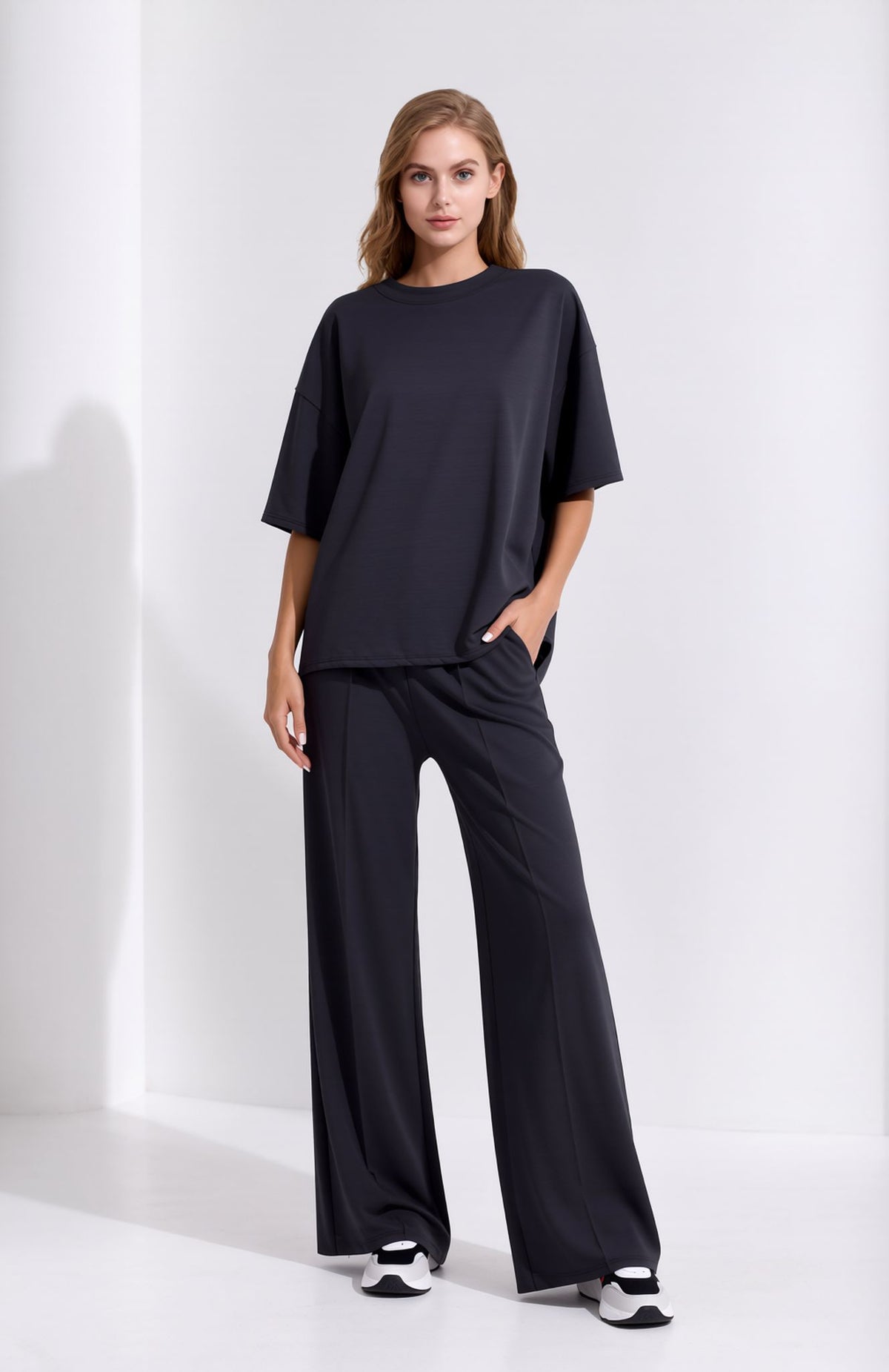 Navy Oversized T-Shirt & Wide Leg Seam Detail Trouser Two Piece Co-ord Set