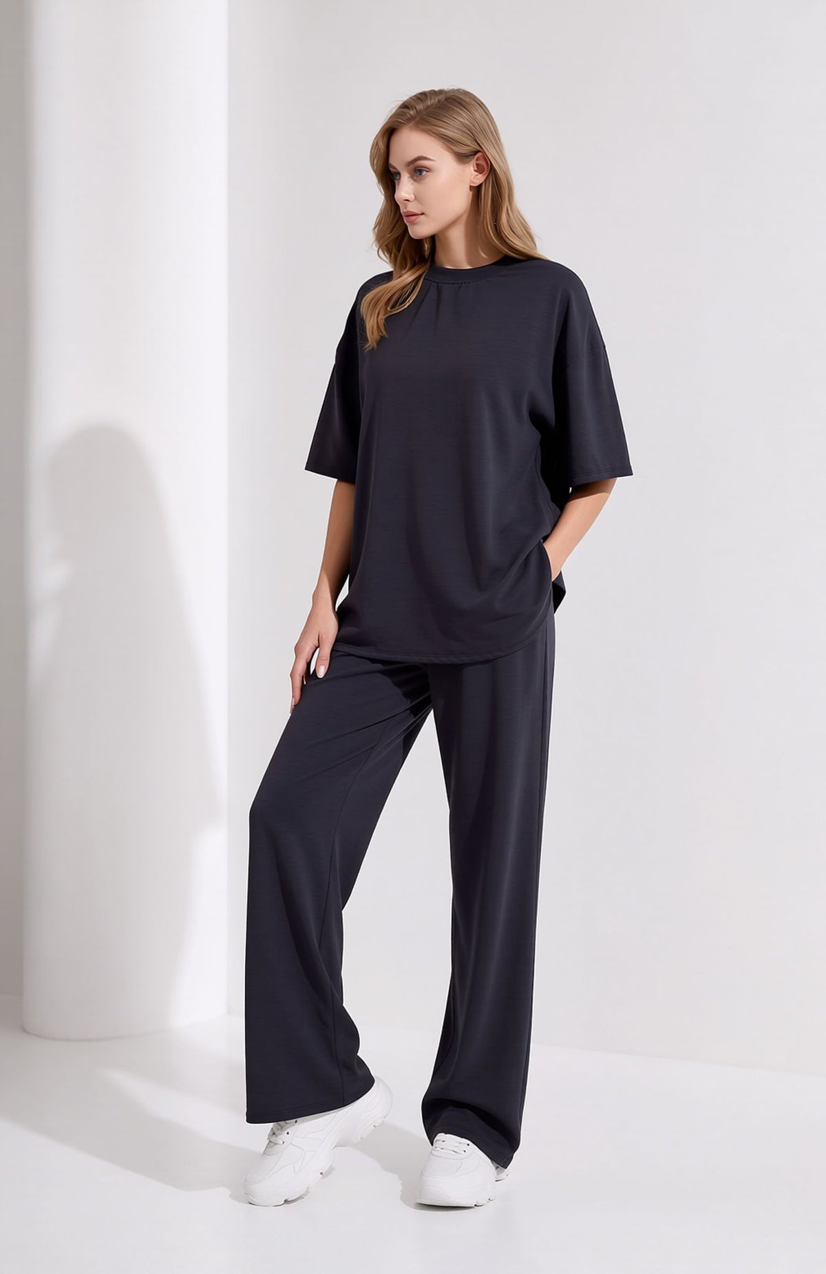 Navy Oversized T-Shirt & Wide Leg Seam Detail Trouser Two Piece Co-ord Set